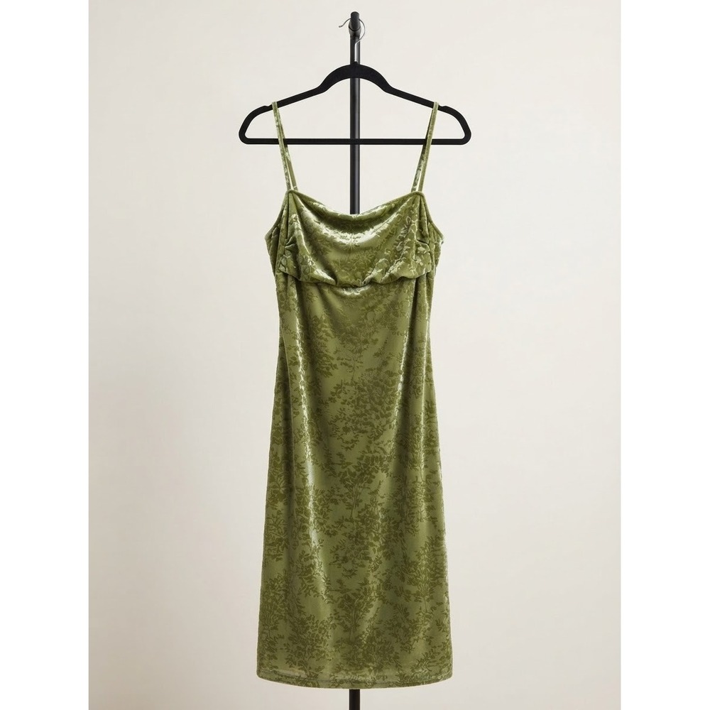 XL Lime Green Forest Fairy Floral Burnout Velvet Cowl Neck Midi Dress Y2K 90s